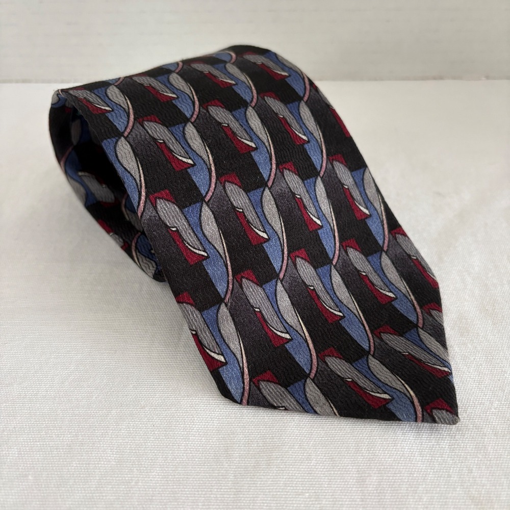 Jimmy Z Vintage Silk Necktie Black Blue Red Geometric Abstract Graphic Print USA